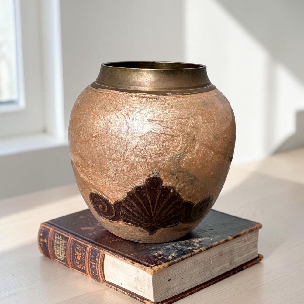Vintage Solid Brass Urn Vase with Enamel Finish & Shell / Fan Medallion